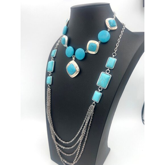 Lauren Michael Layering Necklaces Two with Blue Cabochons Silver Tone Chains - Picture 2 of 7